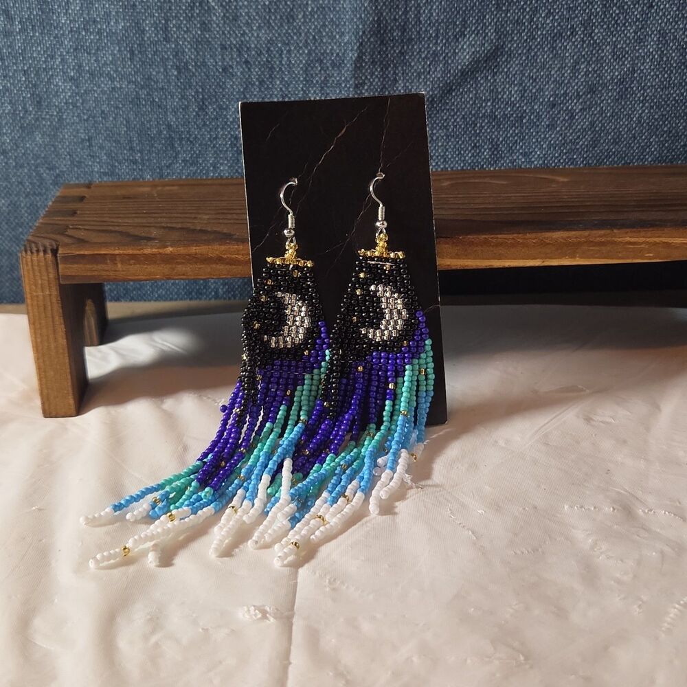 Boho Celestial Moon Seed Bead Fringe Dangle Earrings - Picture 9 of 16